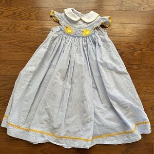Posh Pickle Blue Seersucker Smocked Dress Yellow Duck Girls Sz5 Spring Easter